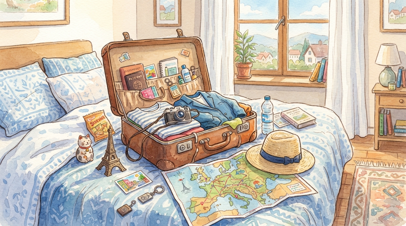 Une valise en cuir ouverte sur un lit, remplie de vêtements pliés, avec une carte dépliée, un appareil photo, un chapeau de paille et une petite figurine de la tour Eiffel posés autour